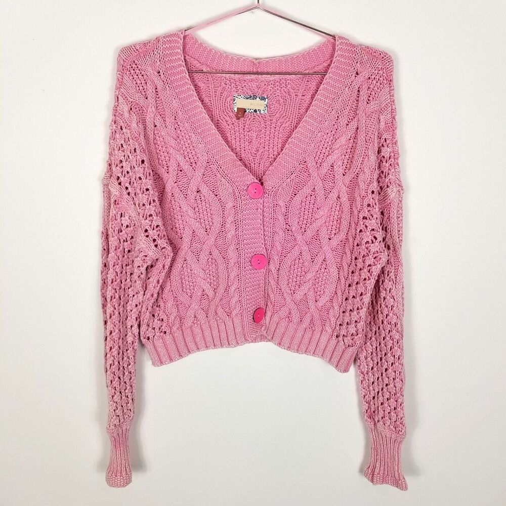 Pilcro women Cable Knit Cardigan Sweater Size M Pink Button Up Barbiecore Crop